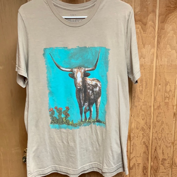 Crazy Train Tops - Crazy Train Beige Short Sleeve Tee with Turquoise Longhorn Graphic